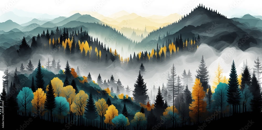 Poster mountainous foggy autumn scene with fir trees generative ai