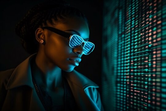 African American Black woman coder programmer using computer for coding, screen with code lines copyspace. Generative AI.