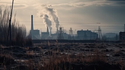 polluting factory background with lots of black smoke chimneys, production emissions, nature pollution theme