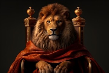 Portrait of Lion sitting on a throne, in mantle or cloak and looking to the camera. Closeup. Generative AI