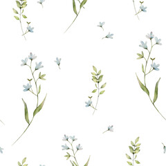 Minimalistic floral pattern with forget me not flowers, wildlife watercolor print, seamless pattern blue color, delicate illustration on white background.