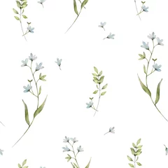 Behang Minimalistic floral pattern with forget me not flowers, wildlife watercolor print, seamless pattern blue color, delicate illustration on white background. © Tatiana 