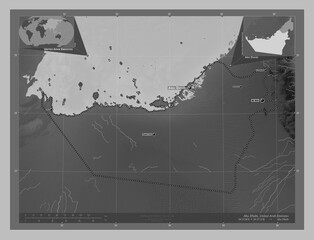 Abu Dhabi, United Arab Emirates. Grayscale. Labelled points of cities