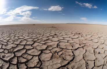 Wide angle panorama of dried lake bed, draught concept landscape, generative AI illustration
