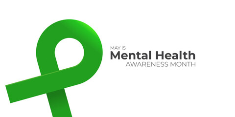 Mental Health Awareness Month in May with green ribbon isolated on white background. Vector Mental Health month Poster, card, banner, flyer and background.