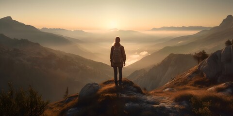 Abstract Female Hiker stands at the summit of a difficult mountain climb to be greeted with a beautiful view of the sunrise. Generative ai. Advertising photography style.