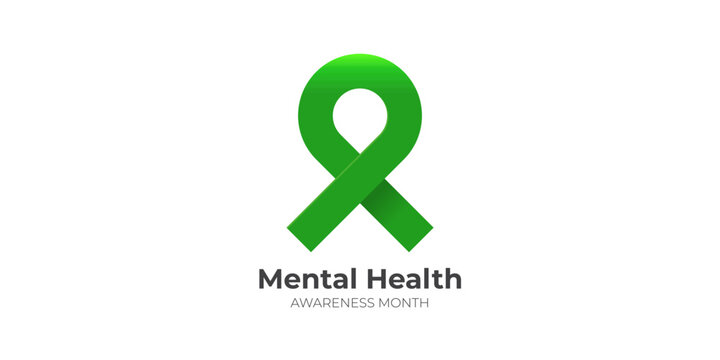 Mental Health Awareness Month in May with green ribbon isolated on white background. Vector Mental Health month Poster, card, banner, flyer and background.
