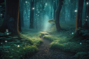Mysterious path in night forest. Generative AI illustration