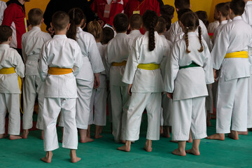 Warm-up, sports training. Karate, judo, taekwondo. Kimono. Gym. Teenagers go in for sports