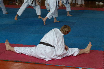 Warm-up, sports training. Karate, judo, taekwondo. Kimono. Gym. Teenagers go in for sports