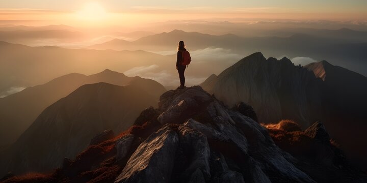 Abstract Female Hiker stands at the summit of a difficult mountain climb to be greeted with a beautiful view of the sunrise. Generative ai. Advertising photography style. © ckybe