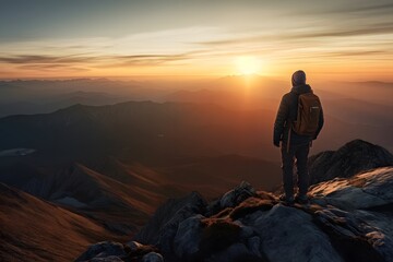 Obraz premium Abstract Male Hiker stands at the summit of a difficult mountain climb to be greeted with a beautiful view of the sunrise. Generative ai. Advertising photography style.