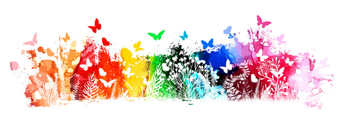 Watercolor rainbow abstract with butterflies. Vector illustration