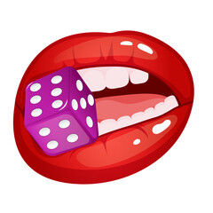 Cartoon style woman red lips holding a dice.