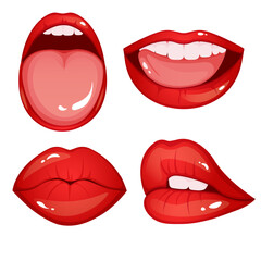 Obraz premium Cartoon style woman red lips set. Vector illustration isolated on white background. 