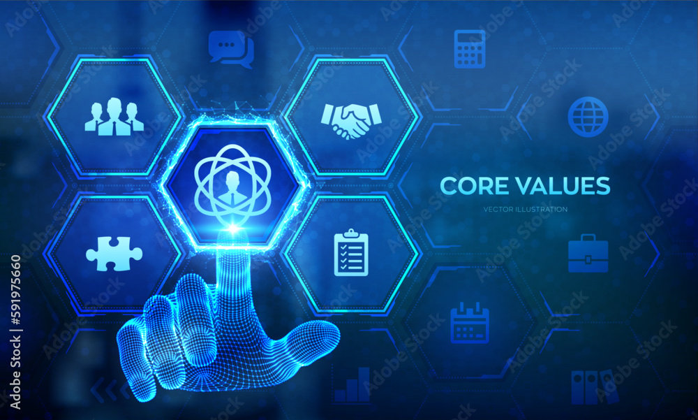 Poster core values. responsibility ethics goals company business concept on virtual screen. core values inf