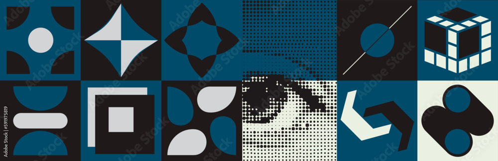 Poster deconstructed postmodern illustrations feature vector abstract symbols with bold geometric shapes. t