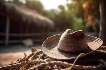 Rustic outdoor backdrop. Sunset Rural background with close up cowboy hat and rope. Generative ai.