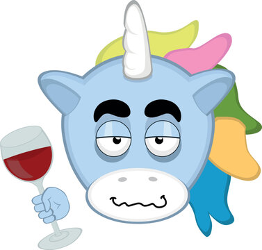 vector illustration face a drunk cartoon unicorn with a glass of wine in hand
