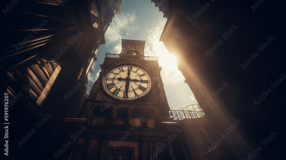 Poster a clock tower with a sky background and sun shining through the window of it's sides, with the sun s