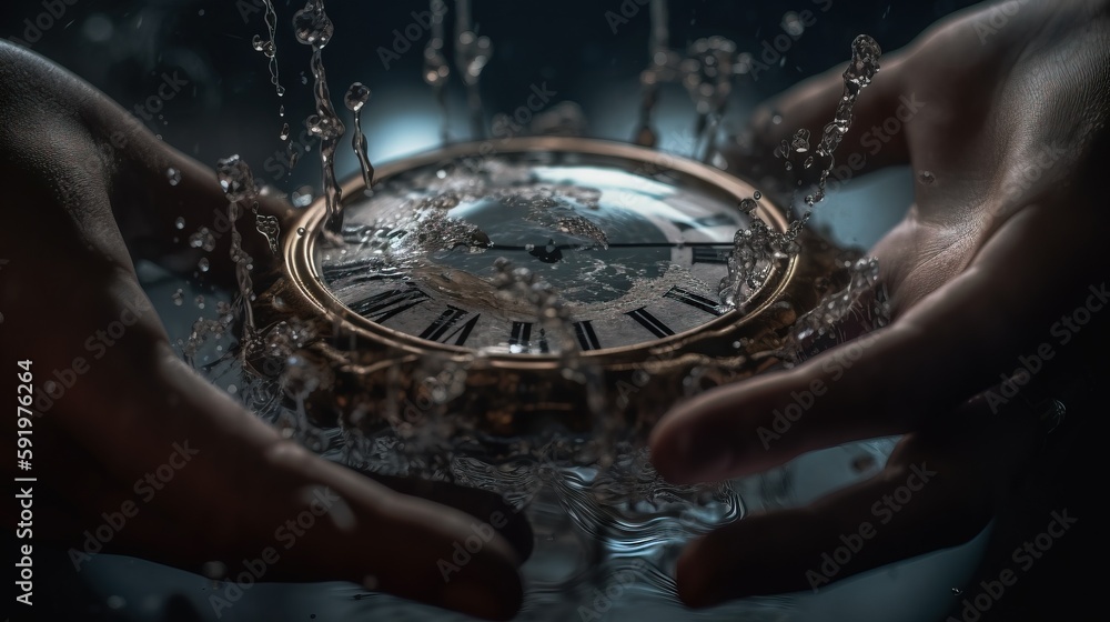 Poster two hands holding a clock with water splashing out of the top of it and the hands of another person 