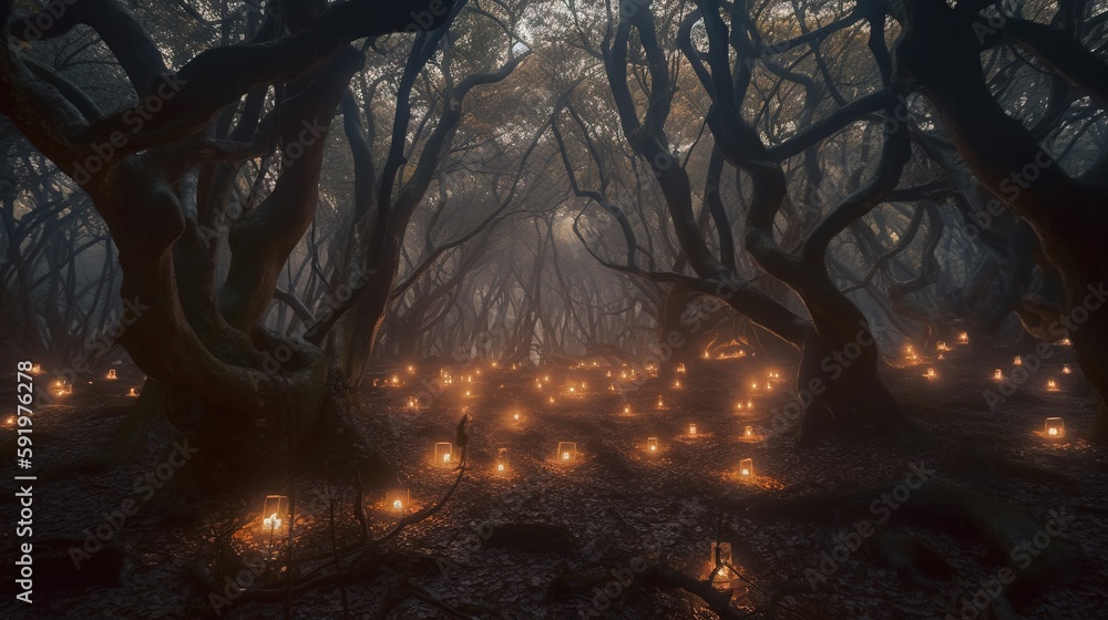 Poster a forest filled with lots of lit up trees and lots of small candles in the middle of the forest at n