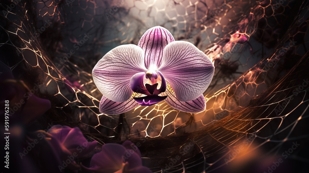 Poster a white and purple flower is in the middle of a picture with a spider web in the middle of the pictu