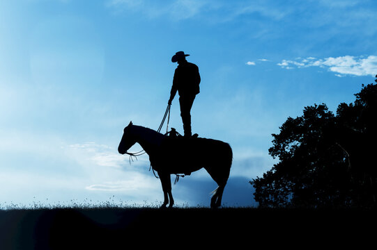 Silhouette of a cowboy standing on the back of a horse against a blue sky with cloud; Montana, United States of America