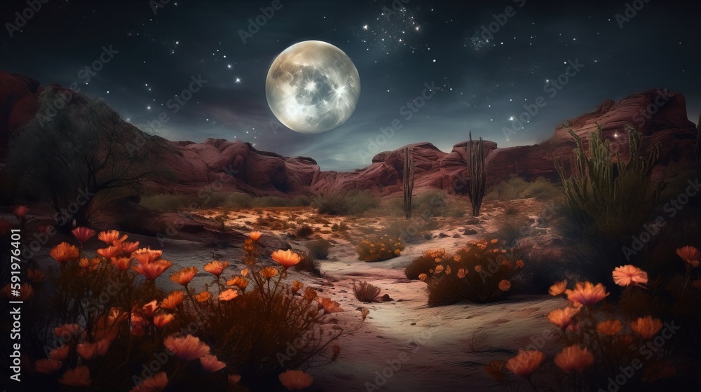 Poster a desert scene with a full moon in the sky and flowers in the foreground, and a cactus and cacti in 