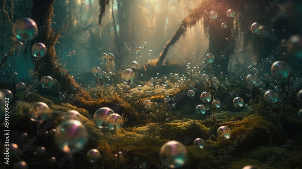 Poster a bunch of bubbles floating in the air in a forest filled with trees and mossy ground with a sun shi