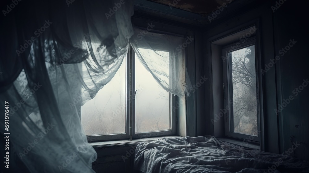 Poster a bed sitting next to a window in a bedroom next to a window covered in sheer curtains and a curtain