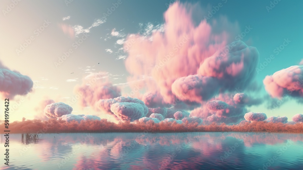 Poster a large body of water surrounded by clouds and trees in the distance with a bird flying in the sky o