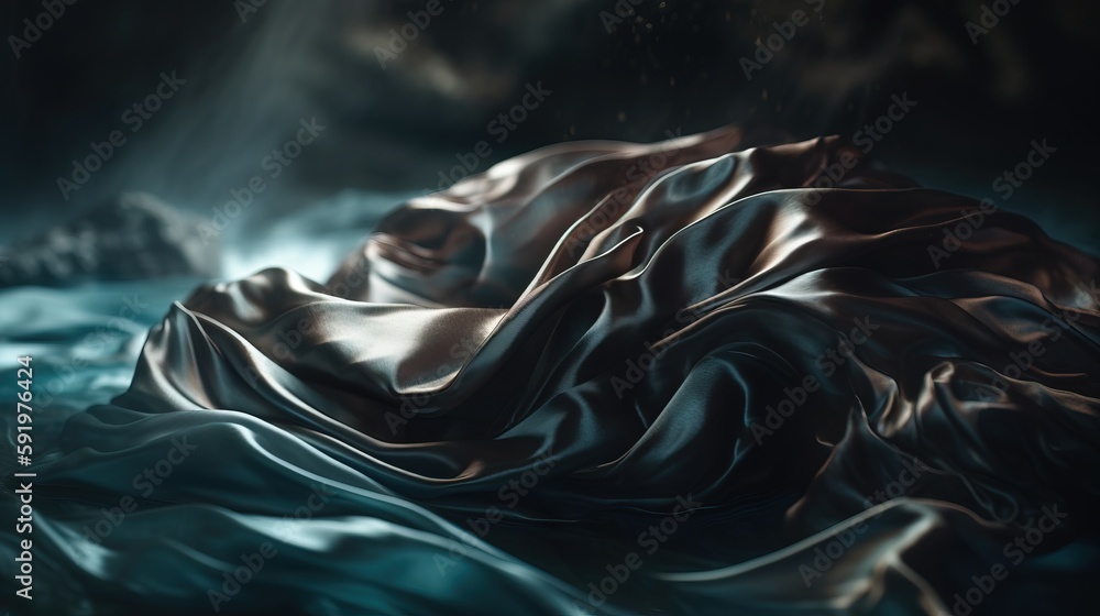 Poster a painting of a flowing fabric in the water with a rock in the background and a light coming from th