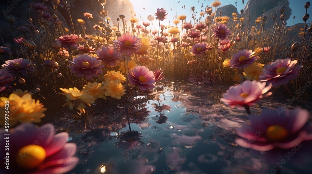 Poster a bunch of flowers floating in a pond of water with the sun shining through the clouds in the backgr