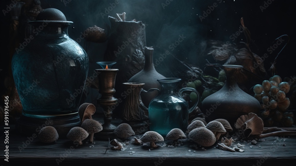 Aufkleber a table topped with lots of vases and mushrooms next to a candle and a bunch of mushrooms on a table