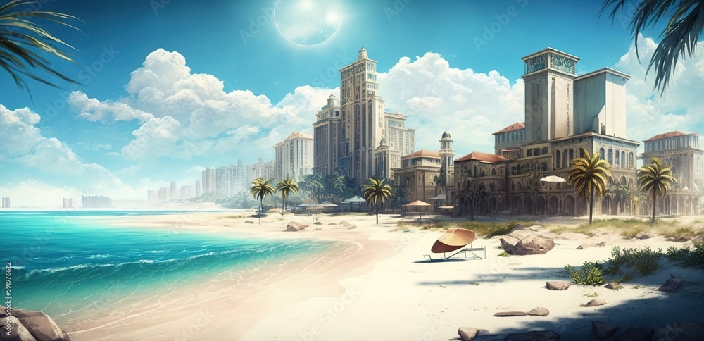 Poster daytime beach with houses and the ocean in the background generative ai