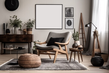 Stylish scandinavian composition of living room with design armchair, black mock up poster frame with white background, commode, wooden stool, book. Generative Ai.