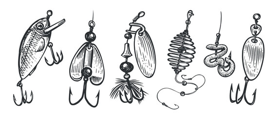 Fishing bait. Fishery lures and wobblers with hooks. Accessories, equipment set vector illustration