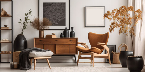 Fototapeta premium Stylish scandinavian composition of living room with design armchair, black mock up poster frame with white background, commode, wooden stool, book. Generative Ai.
