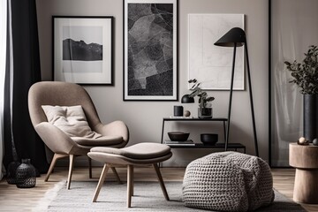 Stylish scandinavian composition of living room with design armchair, black mock up poster frame with white background, commode, wooden stool, book. Generative Ai.