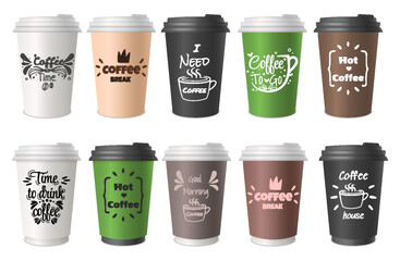 Coffee cups lettering set. Phrase about Coffee to go. Typography quote design. Hot street drinks, cardboard packaging plastic cap