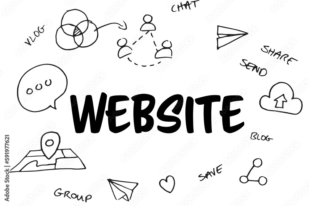 Poster website text amidst various web icons