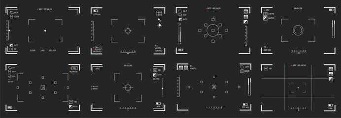 Viewfinders video recording. Camera focusing screen set. Black screen cameras with video shooting parameters, video quality indicators. Digital zoom recording for modern bloggers, vector illustration
