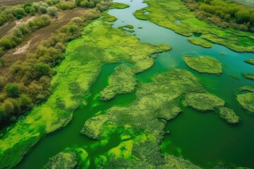 Amazing blooming algae on green river, aerial view created with Generative AI technology