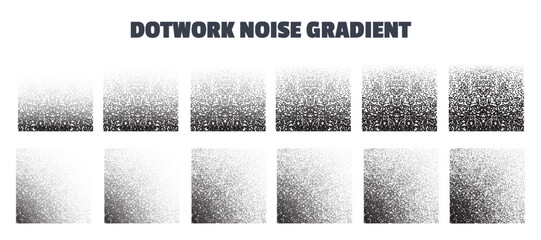 Dotwork noise gradient vector background set. Black noise stipple dots. Sand grain effect. Abstract grunge spray banner