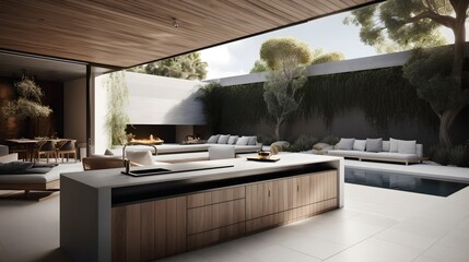 Open air backyard barbecue area with island for cooking fire places and lounging area with designer outdoor furniture