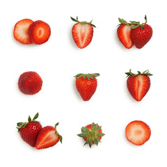 collection of cut, sliced and whole strawberries isolated