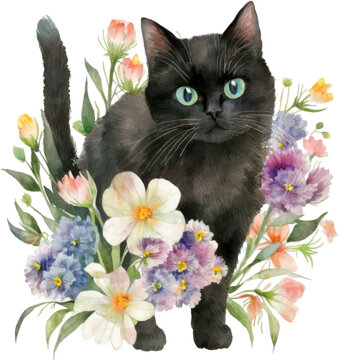 Black Cat With Flowers Watercolor