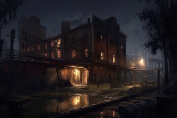 Fototapeta na wymiar Old Factory at Night Game Art Wallpaper Background