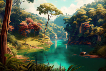 Brazil landscape with river and mountains. Generative AI Art. Beautiful view.